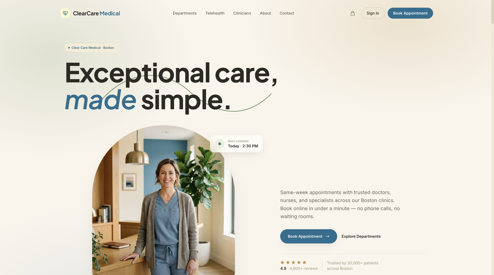 Clarity homepage hero — "Exceptional care, made simple" with a next-available chip and patient trust markers
