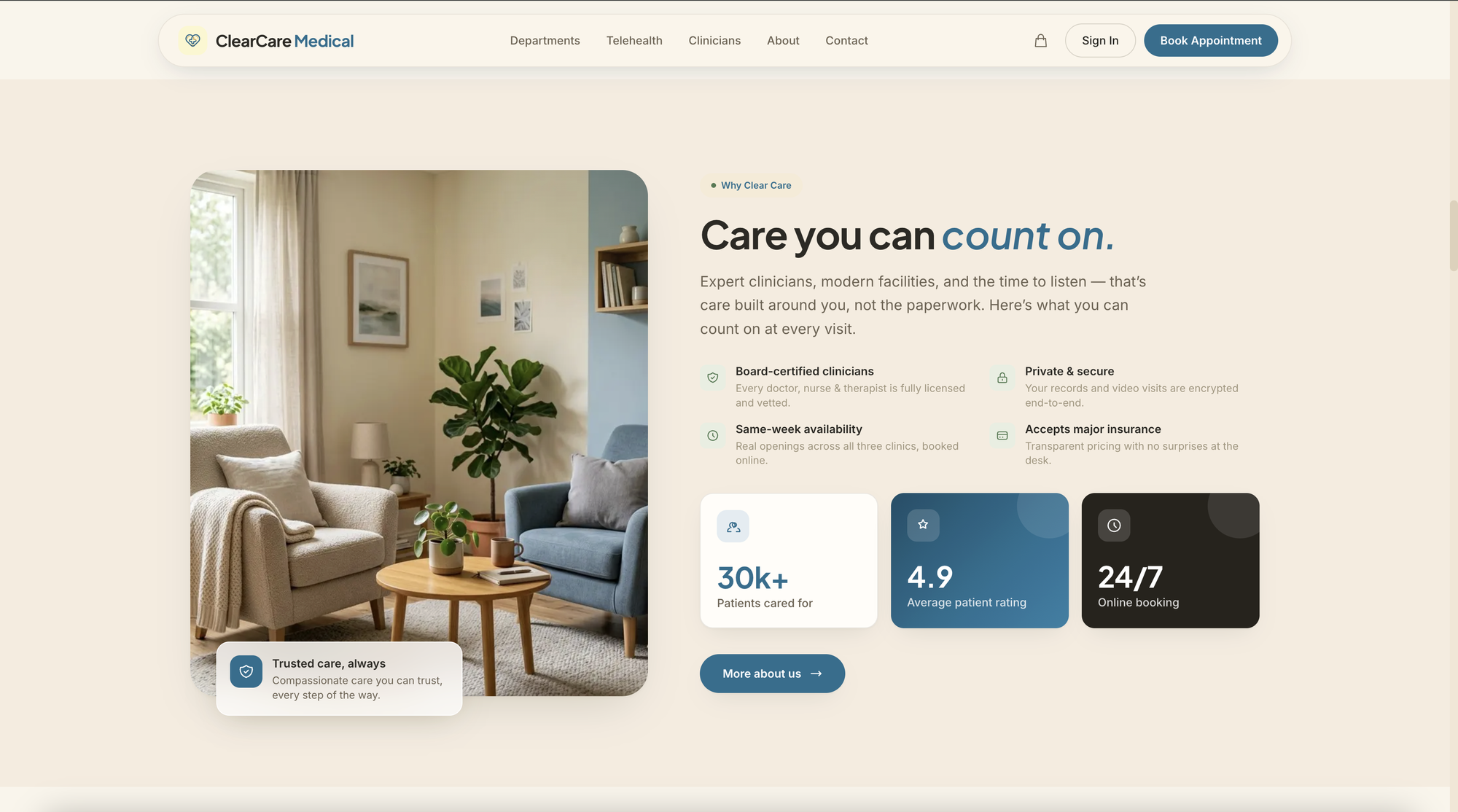 Why ClearCare section — trust markers and live stats for patients cared for, rating and 24/7 online booking
