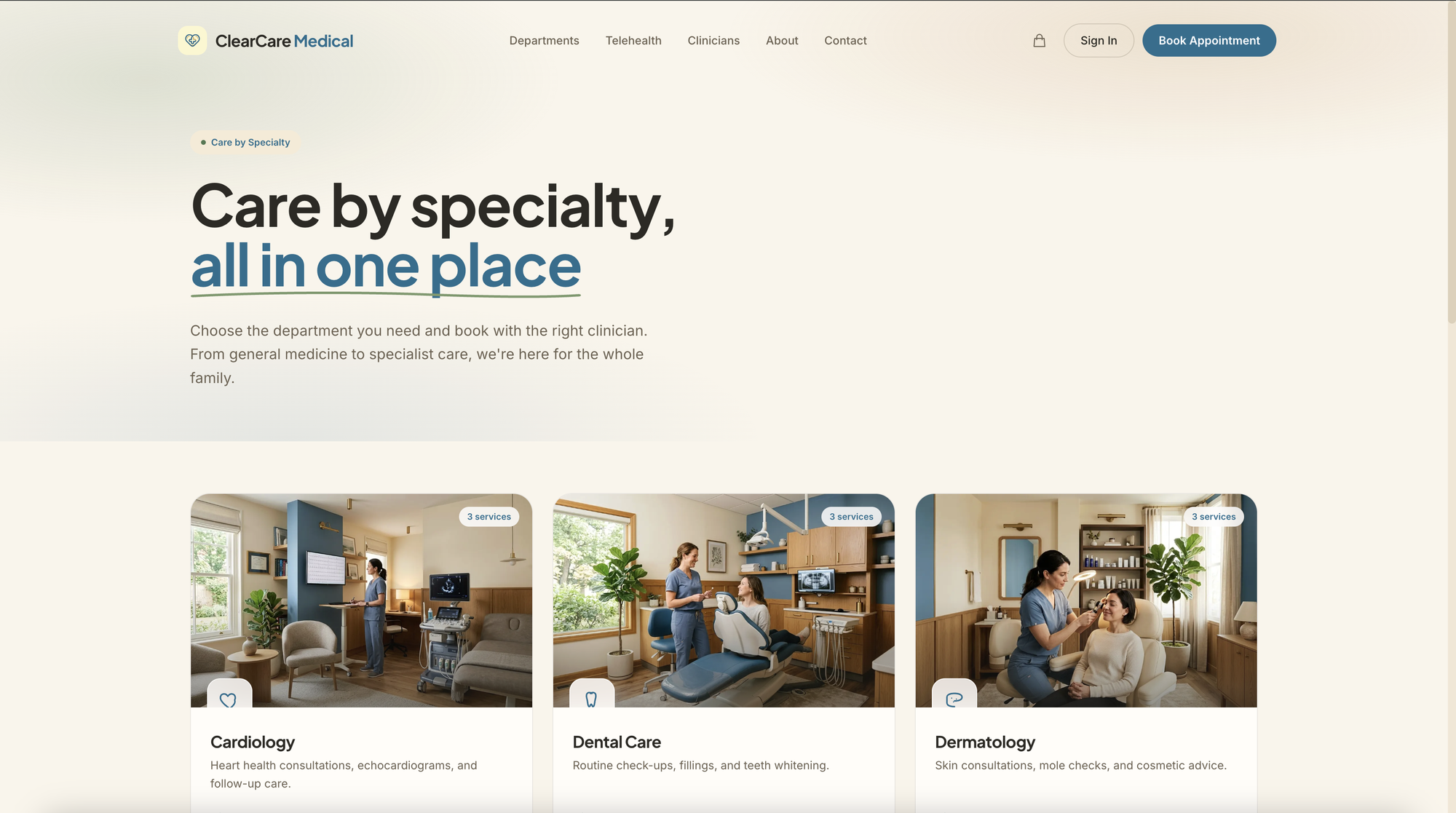 Departments page — care browsed by specialty, with cards for Cardiology, Dental Care and Dermatology