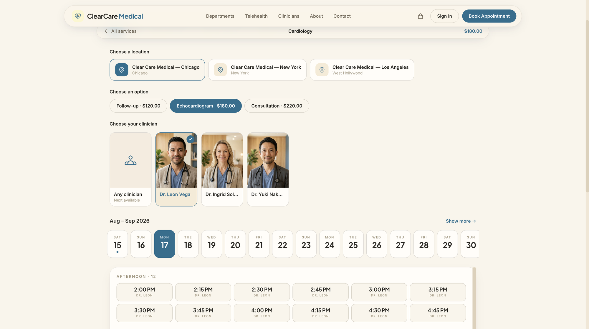 The Clarity booking page — location, service option, clinician picker, date strip and live afternoon time slots