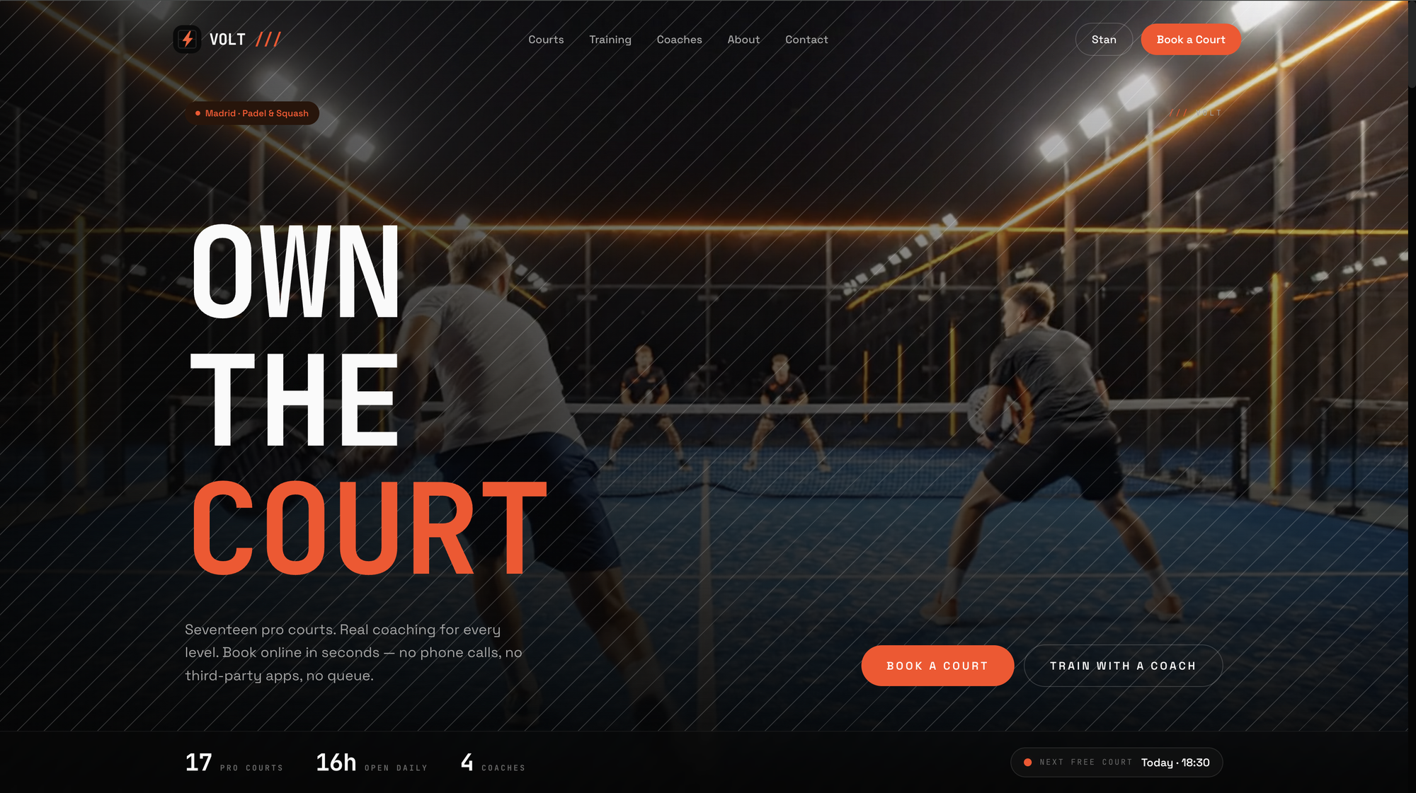 The VOLT template homepage on a club's own domain — the club's own nav, logo and type over a floodlit padel court