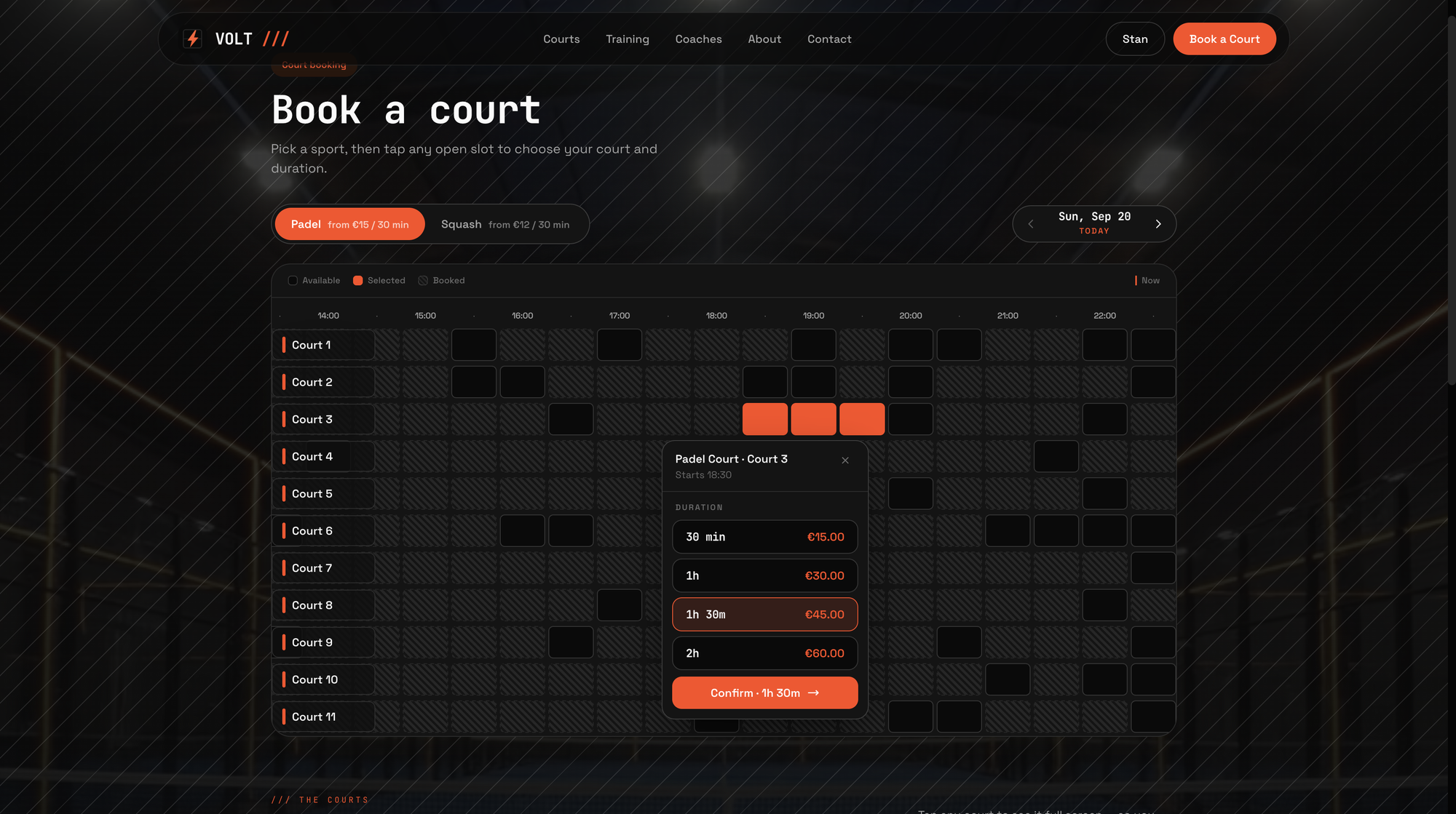 The VOLT template court grid on a club's own site — every court down the rows, the day across the top, and a duration popover pricing 30 to 120 minutes