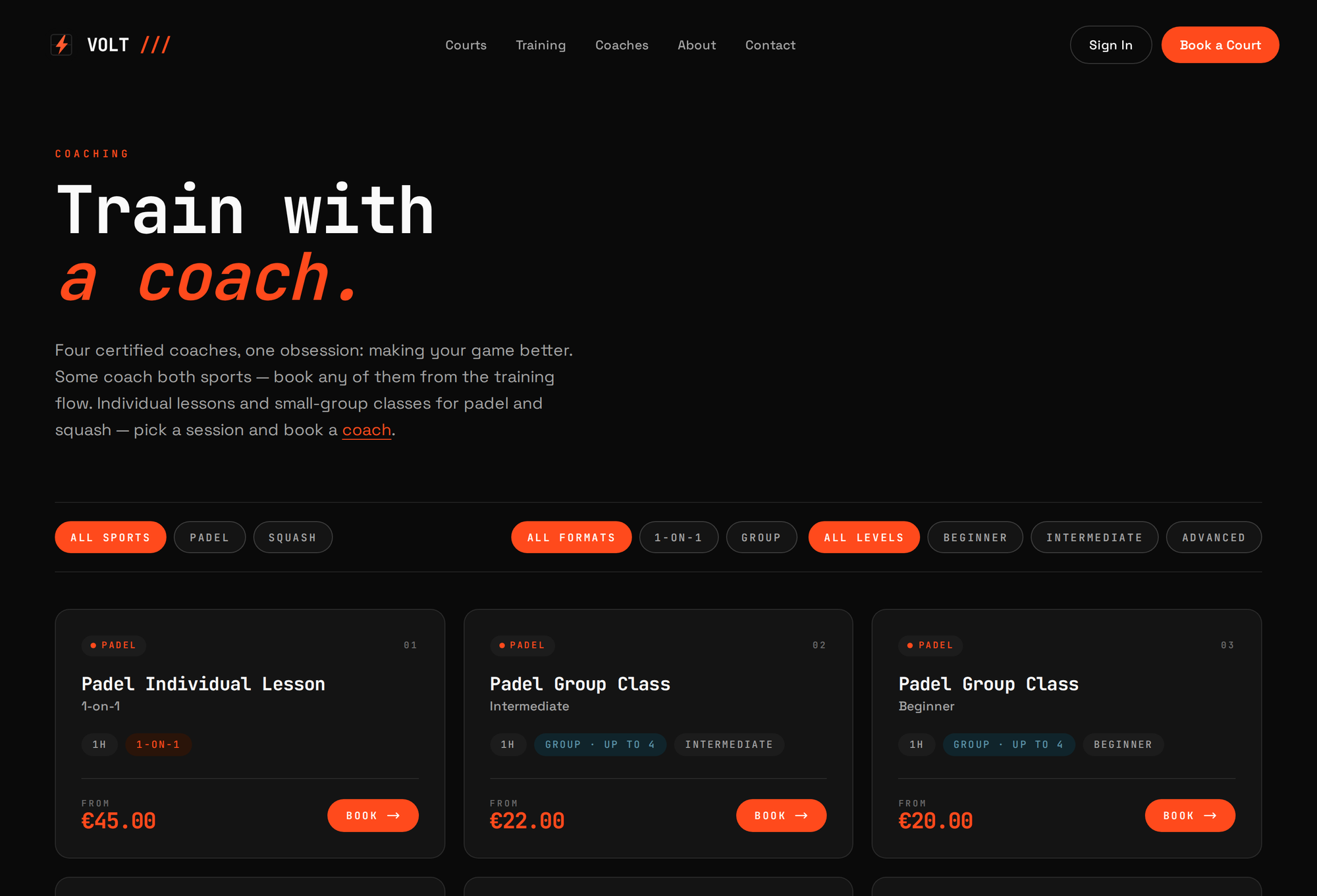 The VOLT training catalog, filtered by sport, format and level, showing padel lessons and group classes with prices